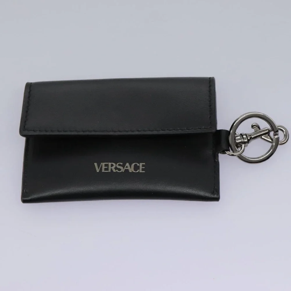 VERSACE 2-1 Shoulder Bag Leather Black Silver & attached cardholder unisex